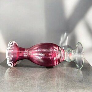 Tall Art Glass Vase Cranberry With White Lines Ruffled‎ Top Clear Bottom Glass